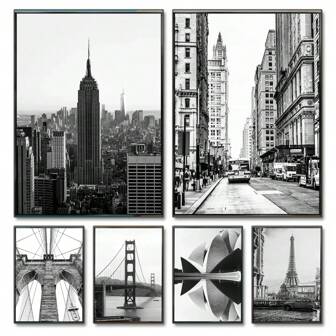 1 pieza Póster de arte de pared sin marco Vintage Moderno Nueva York, Londres, París, Paisaje de la ciudad de Sídney Póster de lienzo de pintura de arte de pared Imágenes en blanco y negro Decoración del hogar Lienzo opcional con marco