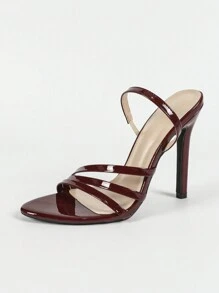 Jin Bei Qi Giày sandal cao gót mũi tròn, nhiều quai, hở mũi, chất liệu da bóng, dành cho nữ, thích hợp cho mùa xuân/hè, kiểu dáng sang trọng, thanh lịch, dự tiệc, màu đỏ tía. - Màu Đỏ Sâu - Xem 7