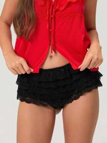 Women's Lace Tiered Ruffled Shorts Cute Bottoms High Rise Lolita Short Pants For Summer - Black - View 3