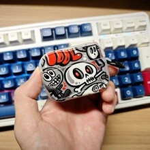 1PC Cute Cartoon Monster Skeleton Shaped Wavy Border With Black Ring Hook Creative Painted Wavy Refreshing Ins Style Casual Halloween Airpods 1/2/3/4/Pro/Pro2 Case With 3D Wavy Shape And Ring Hook - Multicolor - View 2