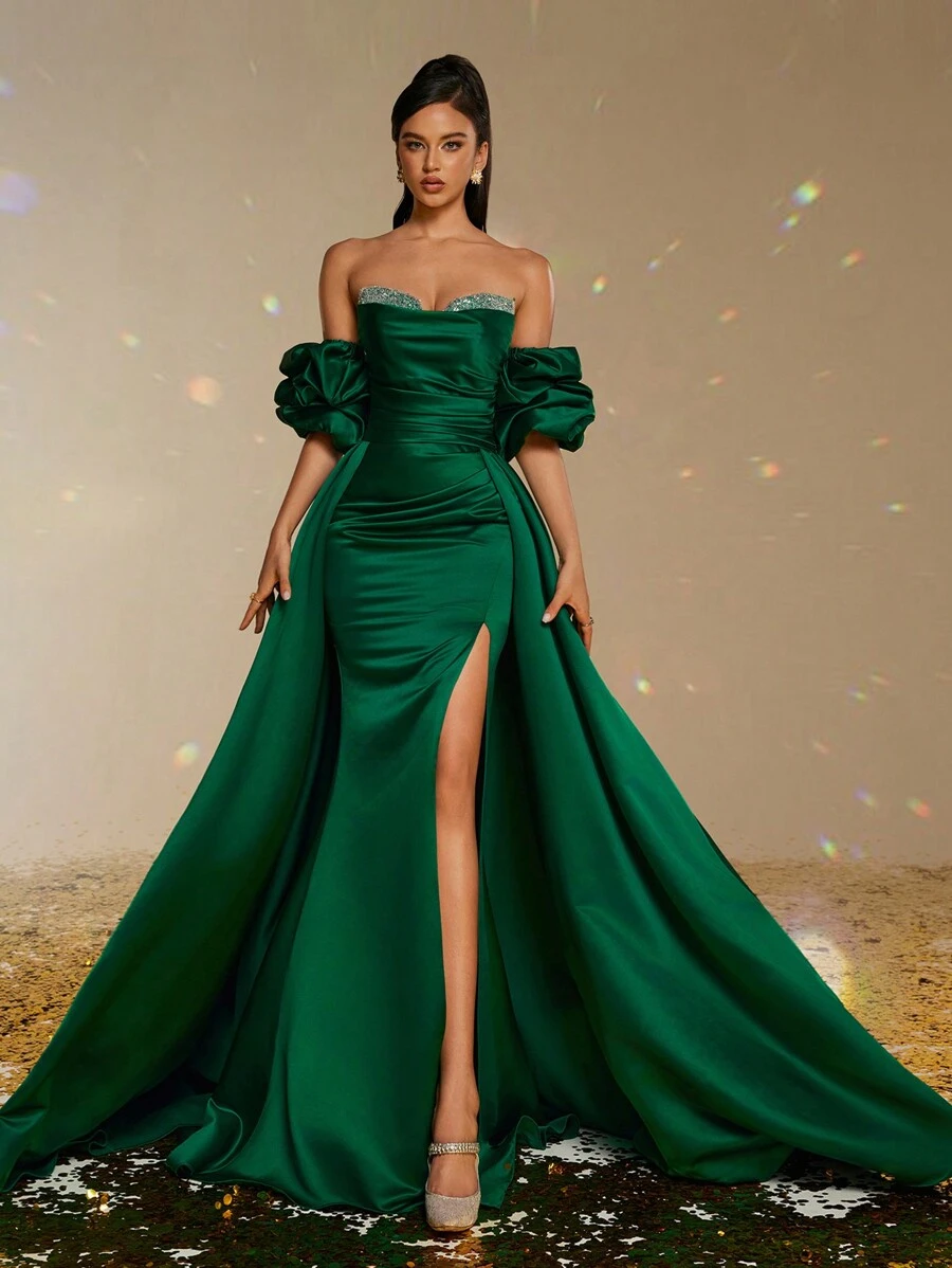 Smilprince Váy dài hở vai màu xanh lá cây thanh lịch quyến rũ có thể tháo rời tay bồng xẻ cao, Đầm dạ hội trang trọng sang trọng, Tiệc thanh lịch, Đầm dạ hội cho phụ nữ dự tiệc cưới, Tốt nghiệp, Tiệc tối - Màu xanh lá cây đậm - Xem 1