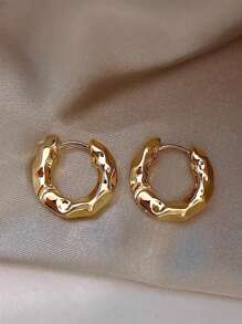 1 Pair Asymmetrical Hammered Texture Geometric Round Hoop Earrings, Minimalist Style, Suitable For Women's Daily Wear - Earrings - View 2