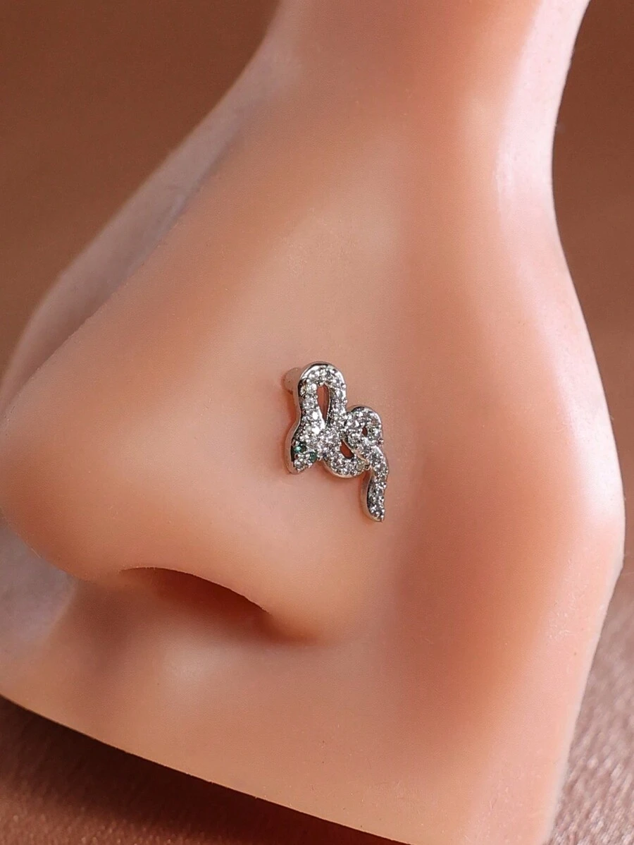 2 件优雅小蛇装饰水钻不锈钢蛇形鼻环/鼻环，低过敏穿孔身体首饰 - 銀色 - 查看 1