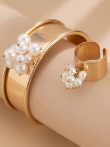 2 件/套女士夸张仿珍珠戒指和手链首饰套装，适合姐妹、度假、约会、礼物、休闲搭配 - 金黃色 - 查看 3