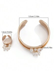 2 件/套女士夸张仿珍珠戒指和手链首饰套装，适合姐妹、度假、约会、礼物、休闲搭配 - 金黃色 - 查看 4