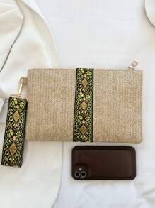 时尚图案印花多功能拉链手拿包，复古休闲夏季沙滩草编手腕包，女士旅行度假编织手机零钱包钥匙手提包，便携式波西米亚风格狂欢节小方形钱包，完美搭配女士度假装 - 卡其色 - 查看 2