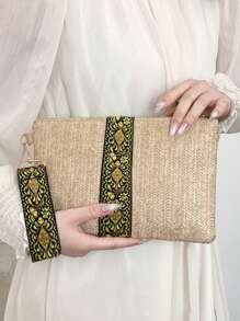 时尚图案印花多功能拉链手拿包，复古休闲夏季沙滩草编手腕包，女士旅行度假编织手机零钱包钥匙手提包，便携式波西米亚风格狂欢节小方形钱包，完美搭配女士度假装 - 卡其色 - 查看 1