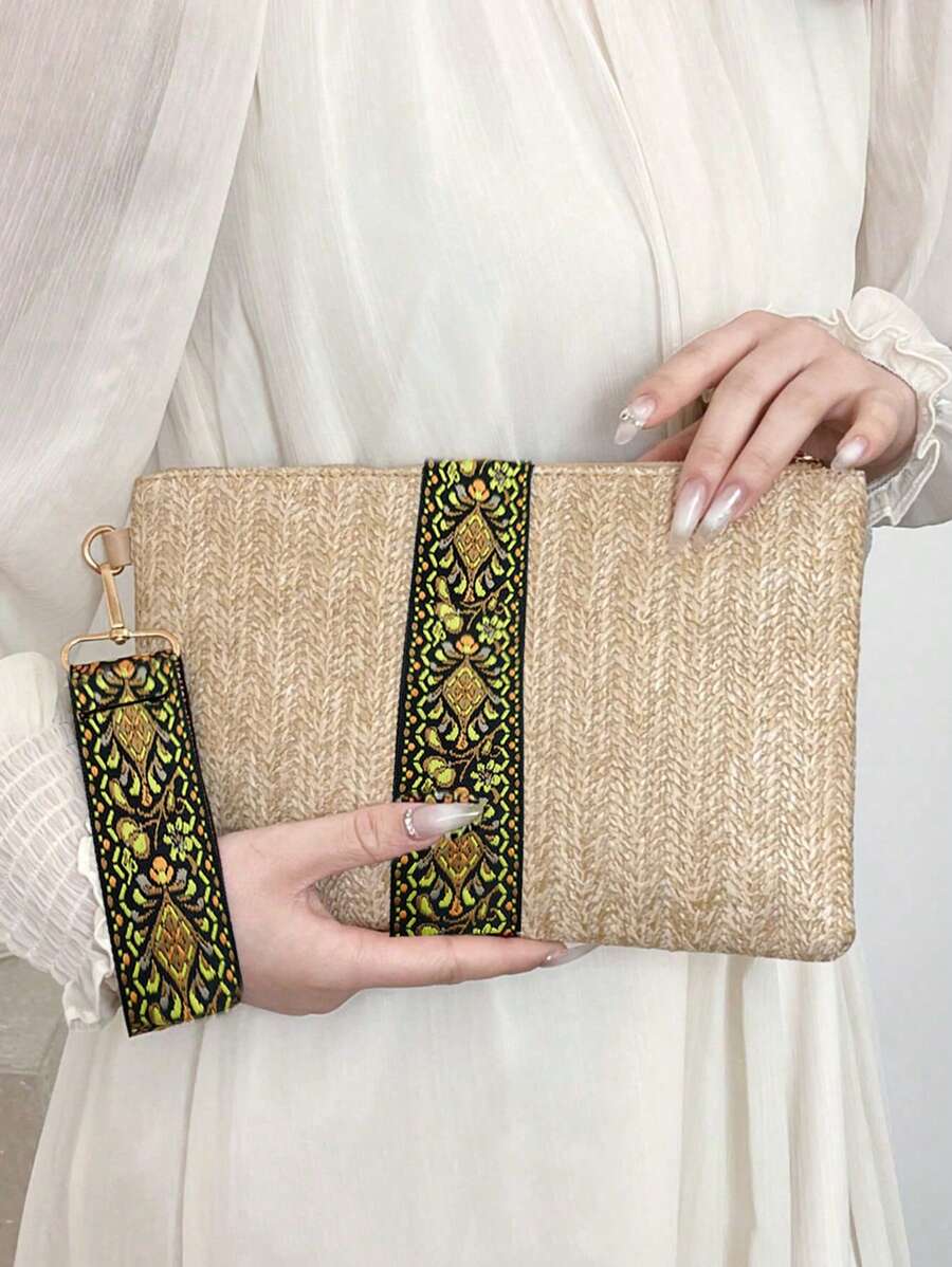 时尚图案印花多功能拉链手拿包，复古休闲夏季沙滩草编手腕包，女士旅行度假编织手机零钱包钥匙手提包，便携式波西米亚风格狂欢节小方形钱包，完美搭配女士度假装 - 卡其色 - 查看 1