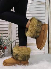 新款时尚休闲保暖防水防滑冬季撞色毛茸茸面板女式雪地靴，百搭黑色鞋 - 棕色 - 查看 1