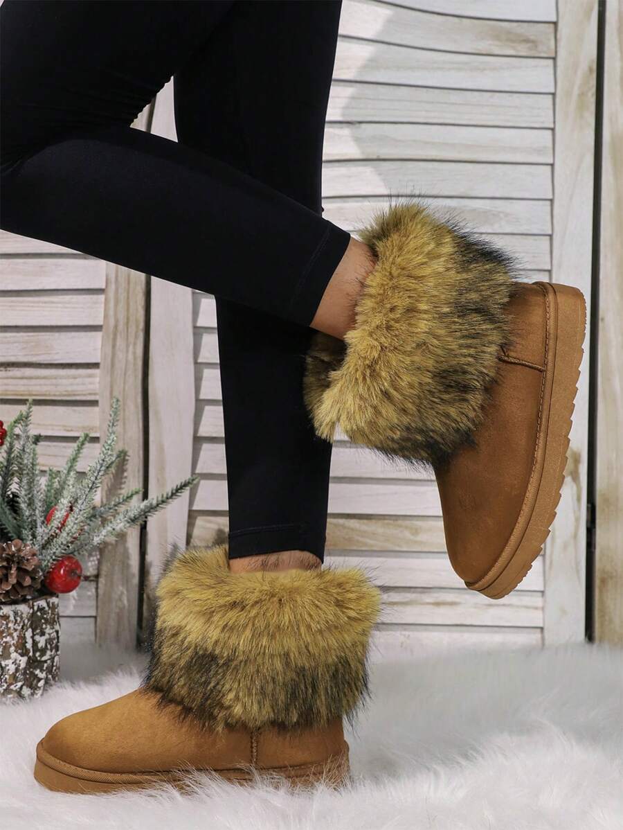 新款时尚休闲保暖防水防滑冬季撞色毛茸茸面板女式雪地靴，百搭黑色鞋 - 棕色 - 查看 1