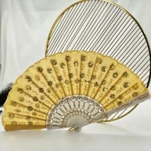 D EXCEED 1 件女士折扇，手工制作优雅彩色刺绣花朵孔雀图案亮片面料折扇（多色）