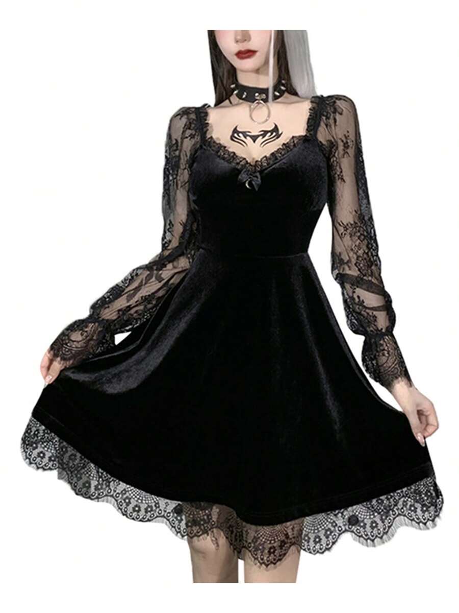 Women Gothic Dress Vintage Lace Grunge Punk Goth Dresses Casual Cosplay Party Cocktail Halloween - 黑色 - 查看 1