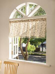 LOSPRING Gardenia Floral Print Linen-Like Sheer Curtain With Tassel Decor, Half Curtain - M-04 Gardenia - View 2