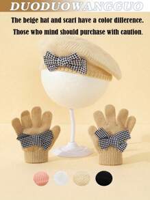 2 pièces / set : 2 pièces béret en tricot blanc pour enfants/tout-petits filles, béret d'artiste mignon, avec gants en acrylique tricoté, mode, élégant, populaire, pied-de-poule, décoration de nœud, , fin pour le début de l'hiver