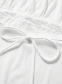 Womens Lace Flower Crochet Tops, Cap Sleeve Low Cut Drawstring T-Shirt Female Off Shoulder Clothing - White - View 8