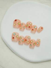 10 peças de adesivos de unhas minimalistas com strass, nude curto, arte de unha decorativa feita à mão, adequados para uso diário, unhas de pressão, suprimentos para unhas - Multicolorido - Ver 12