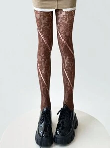 1 件女士性感针织提花半透明渔网丝袜，适合节日派对 - 棕色 - 查看 4