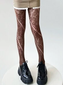 1 件女士性感针织提花半透明渔网丝袜，适合节日派对 - 棕色 - 查看 2