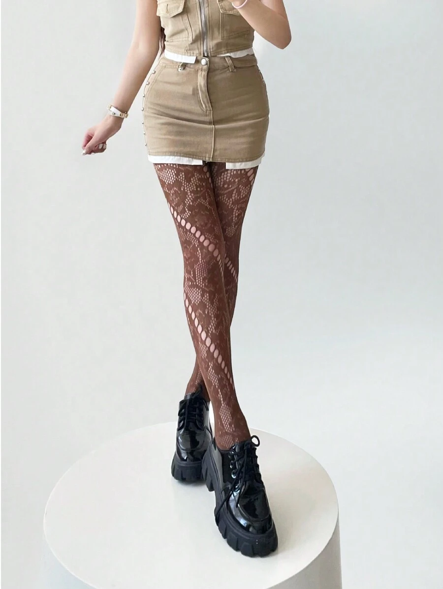 1 件女士性感针织提花半透明渔网丝袜，适合节日派对 - 棕色 - 查看 1