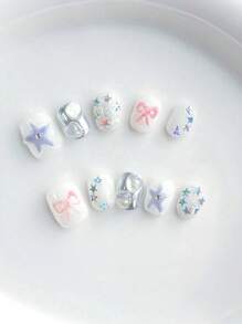 10 Short Square Valentines Nails Nail Art Pink Bow Purple Star Design Nail Art Handmade Fake Nails, Removable Nail Supplies False Piece Can Be Disassembled And Reused, Suitable For Ladies, Girls In The Stage, Prom, Party Scene Use, With 1 Piece Of Jelly Roll 1 Piece Press On Nails