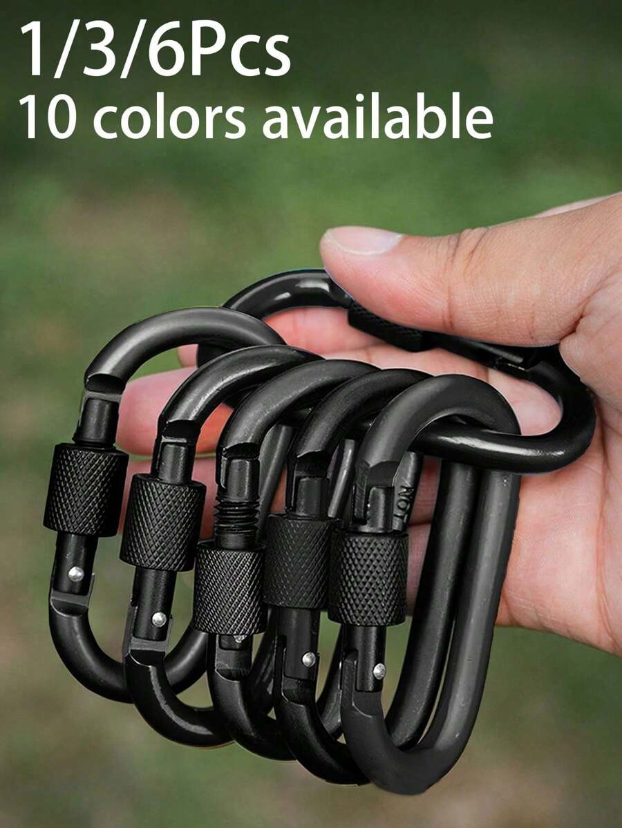 1/3/6个装D型弹簧登山扣，带螺丝门，黑色铝合金扣环，适用于户外活动：攀岩、露营、徒步、钓鱼、钥匙链，42 x 80毫米旅行配件、旅行必备品、汽车配件、户外装备、飞机包必备品、夏季必备品、办公用品 - 黑色 - 查看 1