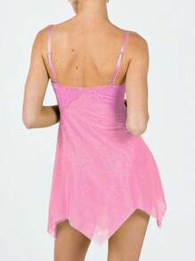 Women Lace Nightdress Lingerie Mesh See-Through V-Neck Sleeveless Sling Sleepwear Dress Irregular Hem Backless Underwear