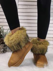 新款时尚休闲保暖防水防滑冬季撞色毛茸茸面板女式雪地靴，百搭黑色鞋 - 棕色 - 查看 3