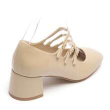 Elegant Multi-Strap Pumps - Gold And Black Finish, Comfortable Block Heel - Beige - View 7