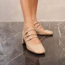 Elegant Multi-Strap Pumps - Gold And Black Finish, Comfortable Block Heel - Beige - View 3