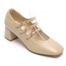 Elegant Multi-Strap Pumps - Gold And Black Finish, Comfortable Block Heel - Beige - View 4