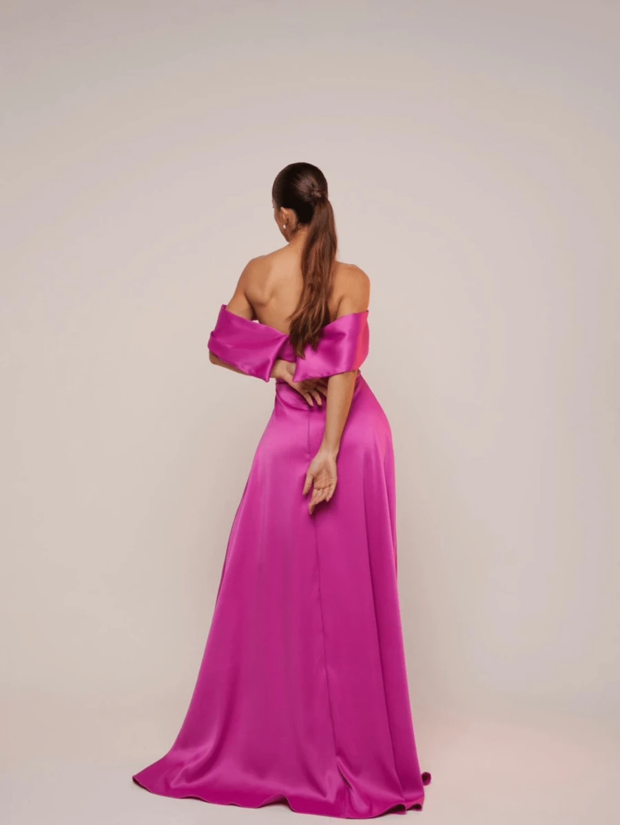 Off-The-Shoulder Silk Dress With Slit For Party. - Màu Hồng Tươi - Xem 1