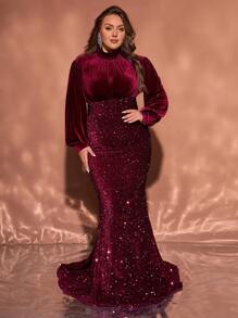 فستان سهرة ماكسي مطرز بالترتر مقاس كبير حجم المرأة برقبة وأكمام طويلة لون بوردو