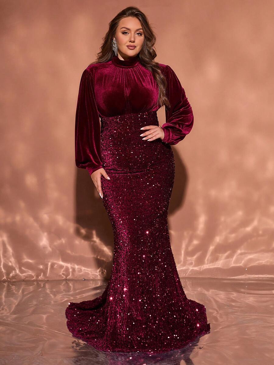 فستان سهرة ماكسي مطرز بالترتر مقاس كبير حجم المرأة برقبة وأكمام طويلة لون بوردو