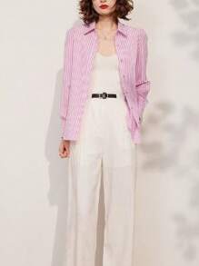 优雅条纹宽松衬衫，通勤风格字母刺绣翻领长袖衬衫，春夏秋季