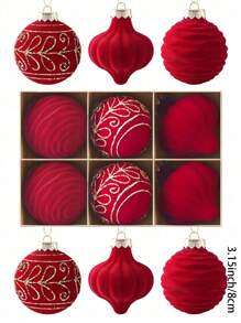 9 件优雅植绒圣诞饰品，6/8 厘米植绒圣诞装饰球，植绒圣诞树挂球，防碎圣诞灯泡适用于圣诞树装饰、节日和婚礼装饰（红色） - 紅色 - 查看 5