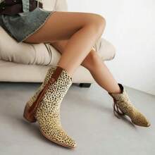 Ankle Cowboy Boots For Women Suede Snip Toe Chunky Heel Western Boots - Beige - View 5