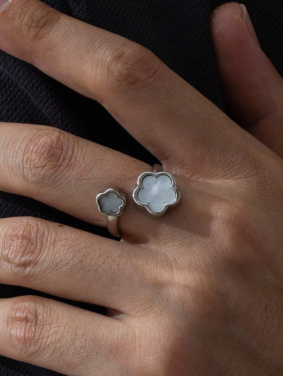 1 chiếc nhẫn có thể điều chỉnh hình cỏ năm lá may mắn màu trắng thanh lịch dành cho nam - trắng - Xem 1