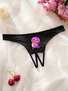 Mujer talla grande, tanga de encaje negro sexy con estampado de dona, abertura en la entrepierna