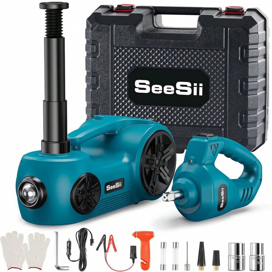 Seesii Electric Car Jack, 5 Ton Car Jack Kit, 12V Hydraulic Jack With Electric Impact Wrench And Tire Inflator Pump, Portable Car Jack Kit For SUV MPV Truck Change Tires Garage Repair - màu xanh lá - Xem 1