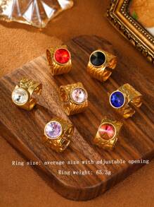 1/7 chiếc nhẫn trang trí bằng thép không gỉ màu vàng thời trang phong cách retro tròn trong suốt lớn có thể điều chỉnh được dành cho nữ phù hợp để đeo hàng ngày hoặc làm quà tặng - Vàng - Xem 9