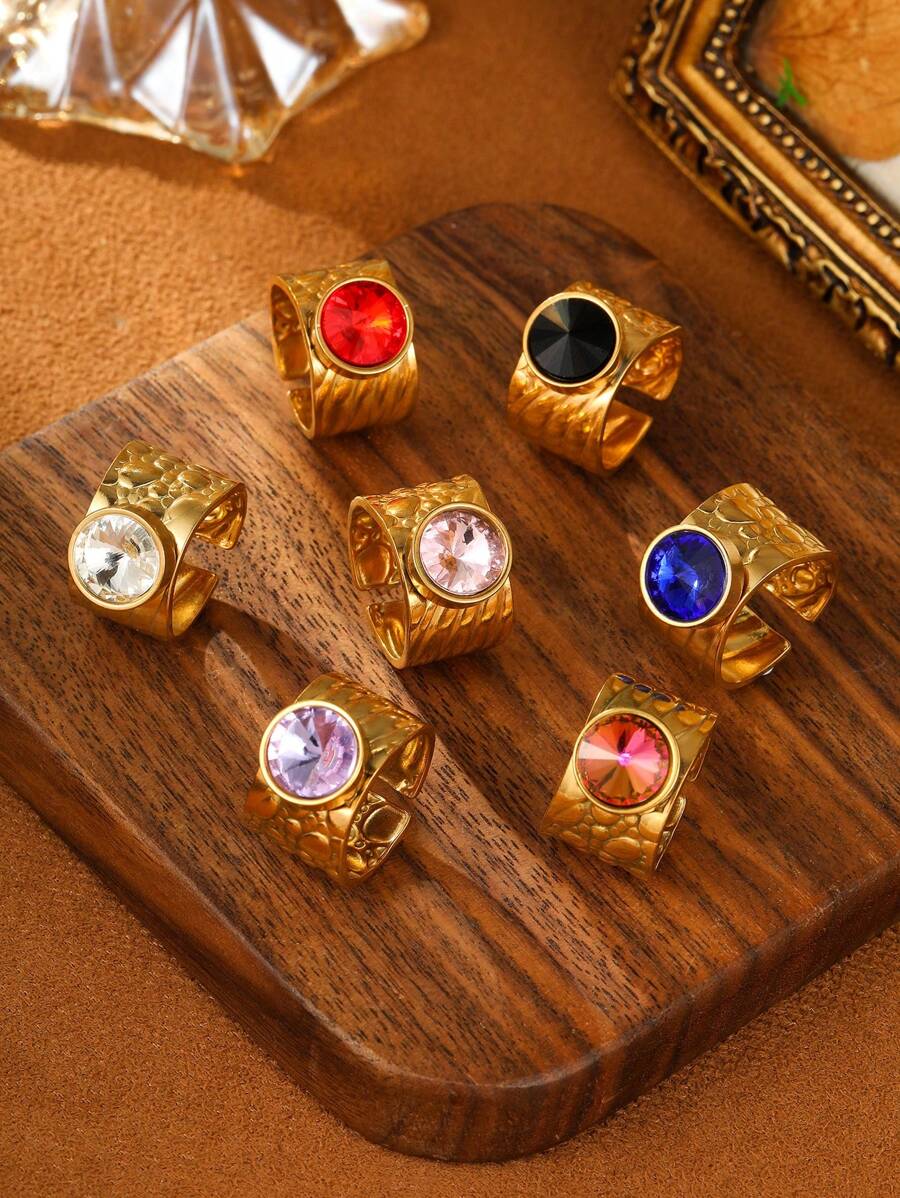 1/7 chiếc nhẫn trang trí bằng thép không gỉ màu vàng thời trang phong cách retro tròn trong suốt lớn có thể điều chỉnh được dành cho nữ phù hợp để đeo hàng ngày hoặc làm quà tặng - Vàng - Xem 1