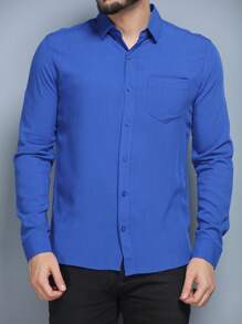Long Sleeve Dress Shirt In Viscose Fabric Shrinks A Little With Pocket Slim Fit Not Bulky, Easy To Iron - Royal Blue - View 1