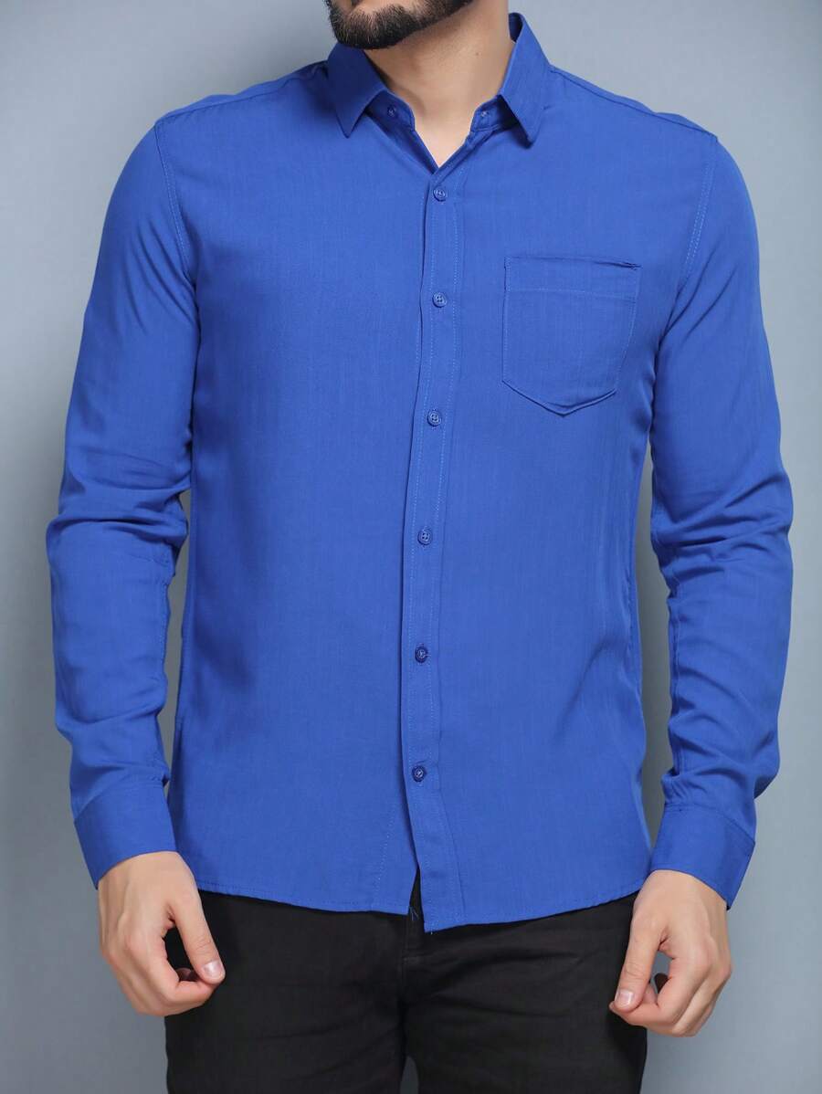 Long Sleeve Dress Shirt In Viscose Fabric Shrinks A Little With Pocket Slim Fit Not Bulky, Easy To Iron - Royal Blue - View 1