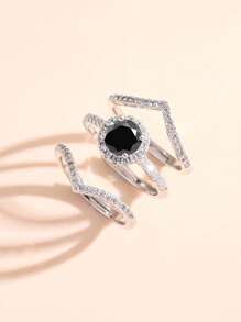 3入組方晶鋯石裝飾戒指 - 銀色 - 查看 11