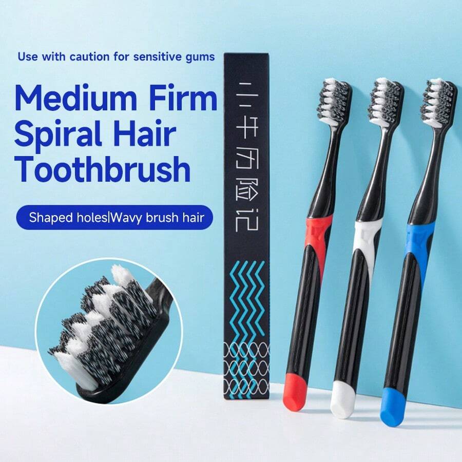 1/3 牙刷 3 种颜色，成人中号刷毛牙刷，防滑刷柄，防尘牙刷套 - 彩色 - 查看 1