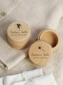 1 Pc Customized Tooth Fairy Box Teeth Memorial Round Wooden Box, Personalized Name 3D Carved Gift For Boys And Girls - Brown - View 3