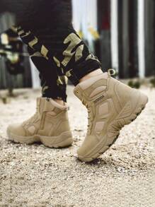 新款男士秋冬战术靴，户外军装风格，网眼和皮革鞋面，舒适衬里，经典厚底，厚底鞋跟，适合徒步旅行、钓鱼、露营、训练 - 米色 - 查看 2