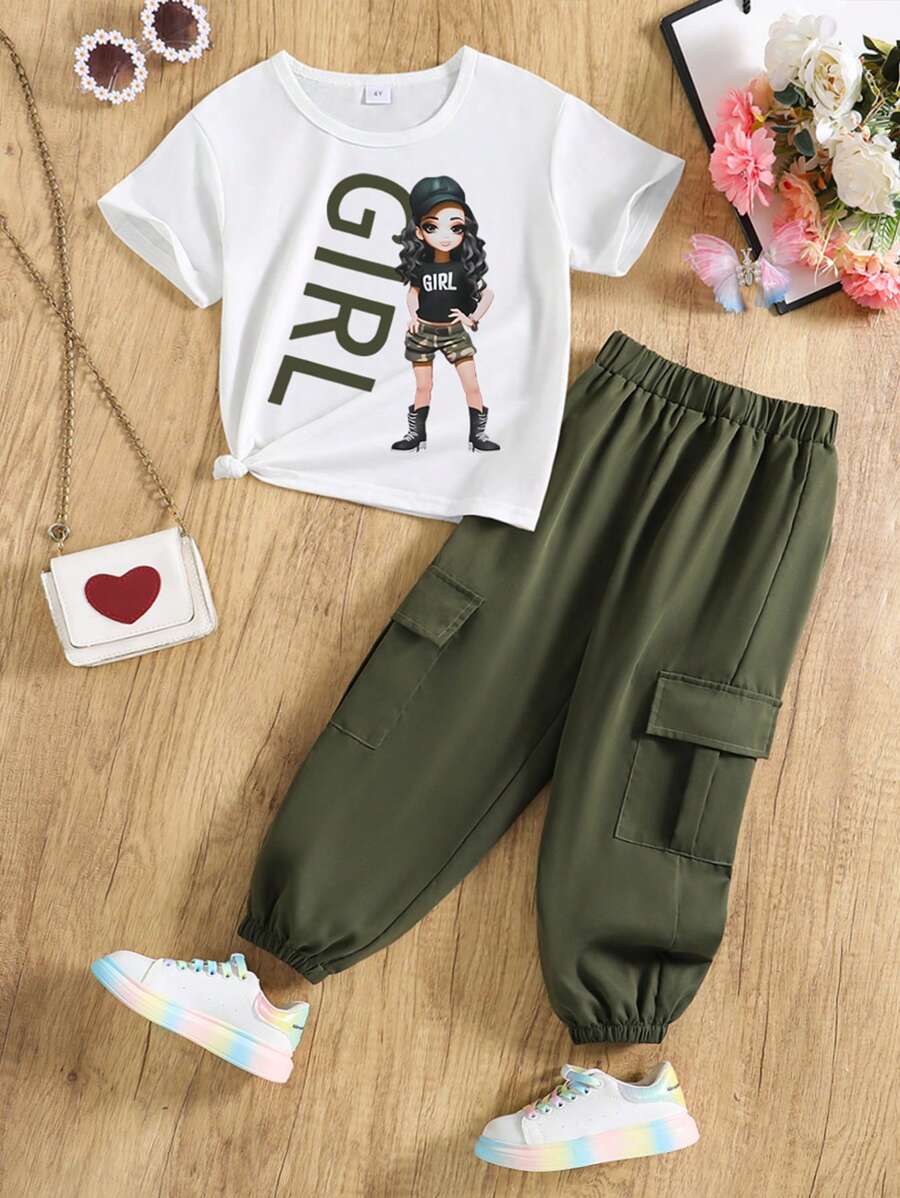 Young Girl Casual Letter Pattern Short Sleeve T-Shirt And Cargo Pants, Summer - Army Green - View 1