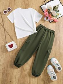 Young Girl Casual Letter Pattern Short Sleeve T-Shirt And Cargo Pants, Summer - Army Green - View 2