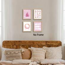 粉色圣诞墙壁艺术装饰 4 件套 - 圣诞节冬季艺术品海报冬季雪景节日墙壁装饰适用于家庭卧室酒吧推车装饰 - （带框） - 彩色 - 查看 9